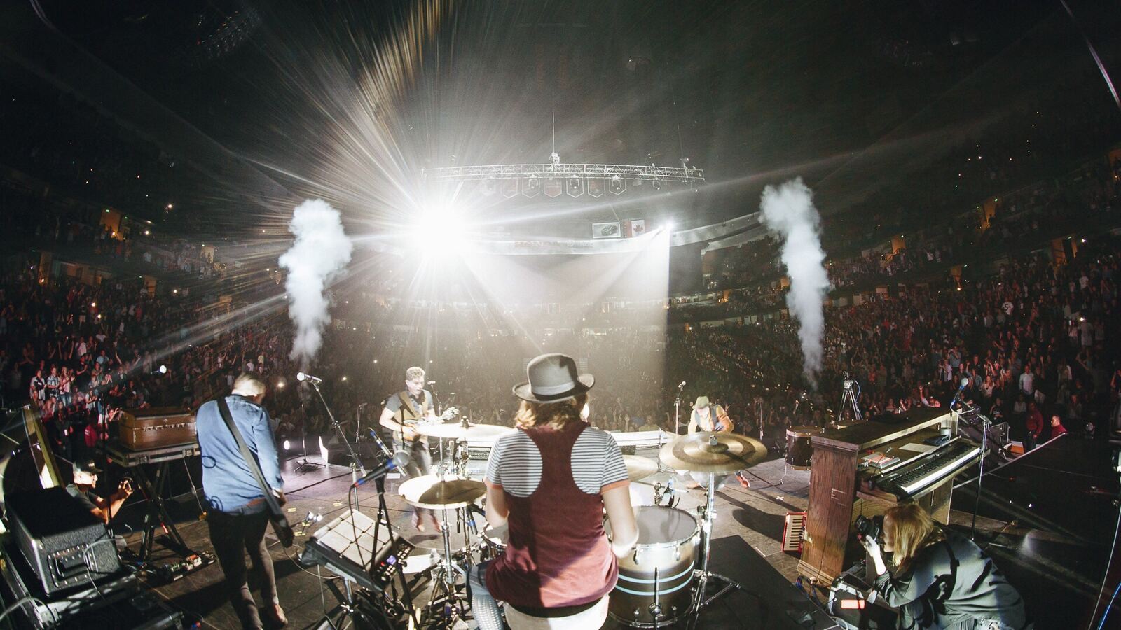 Drummer through CO2 and stage light