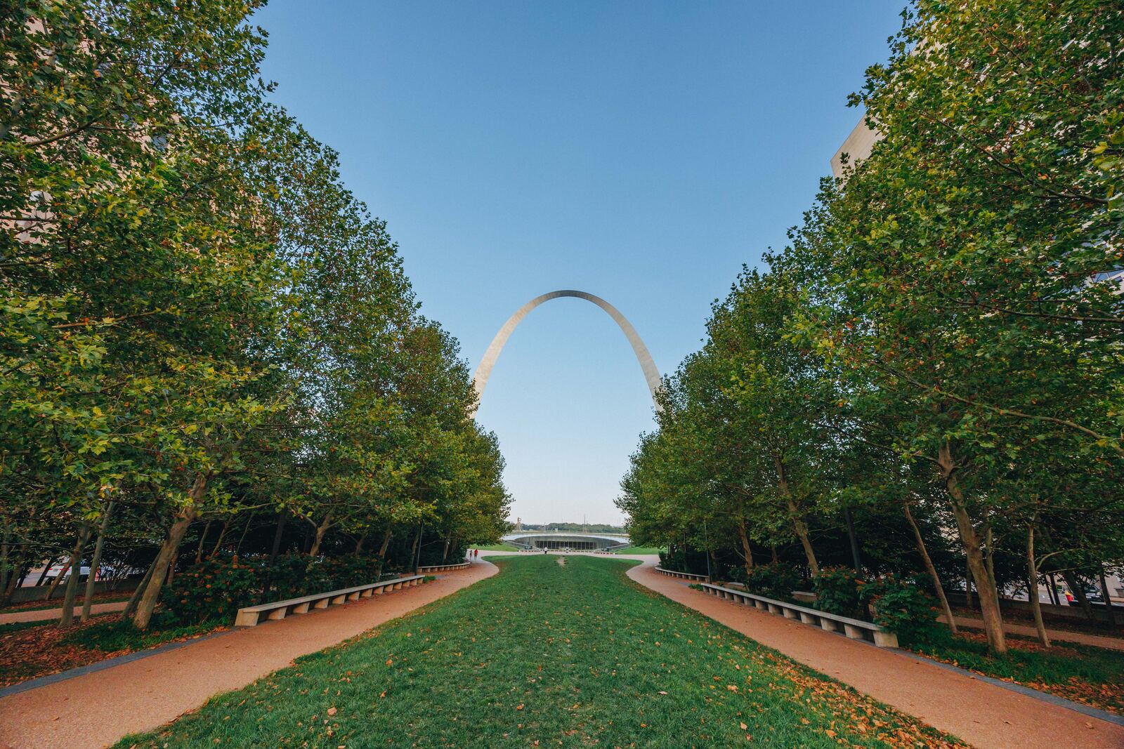 The Gateway Arch at the end of a tree-lined path